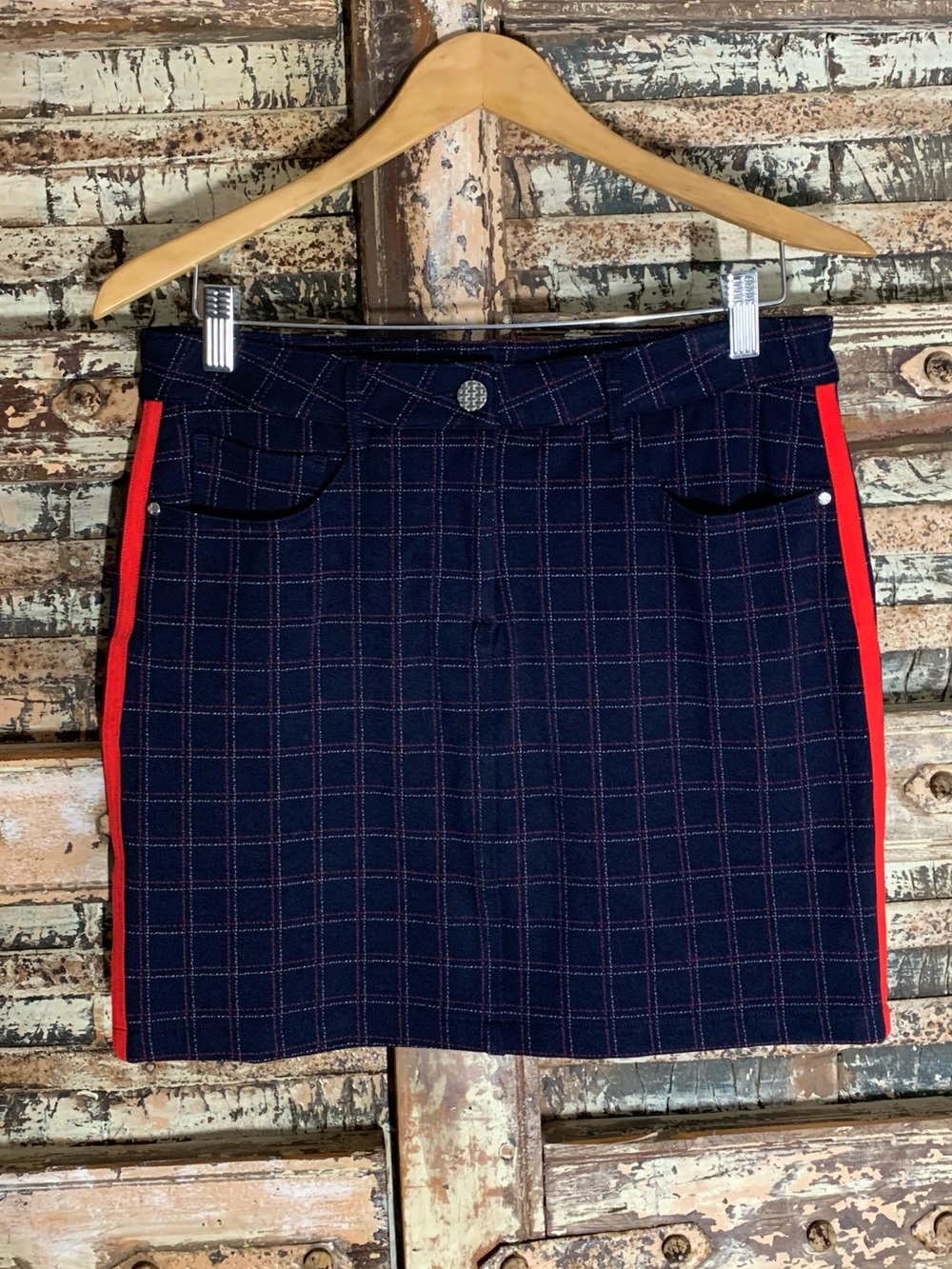 NWT Movetes Lizie Skort Navy Plaid Athletic Mini Skirt w/ Red Stripe, Golf, 6